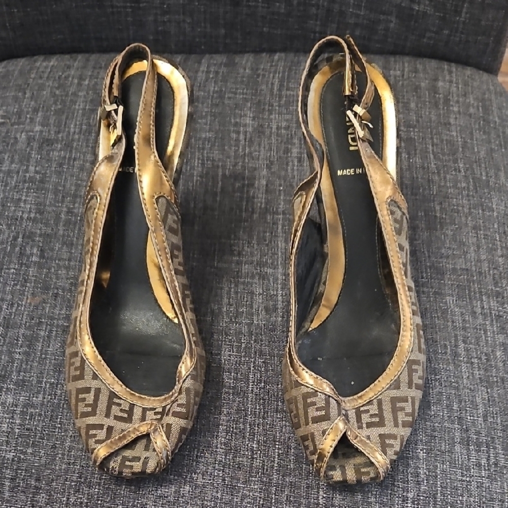 Fendi Brown Monogram Peep-Toe Heels - Picture 2 of 8